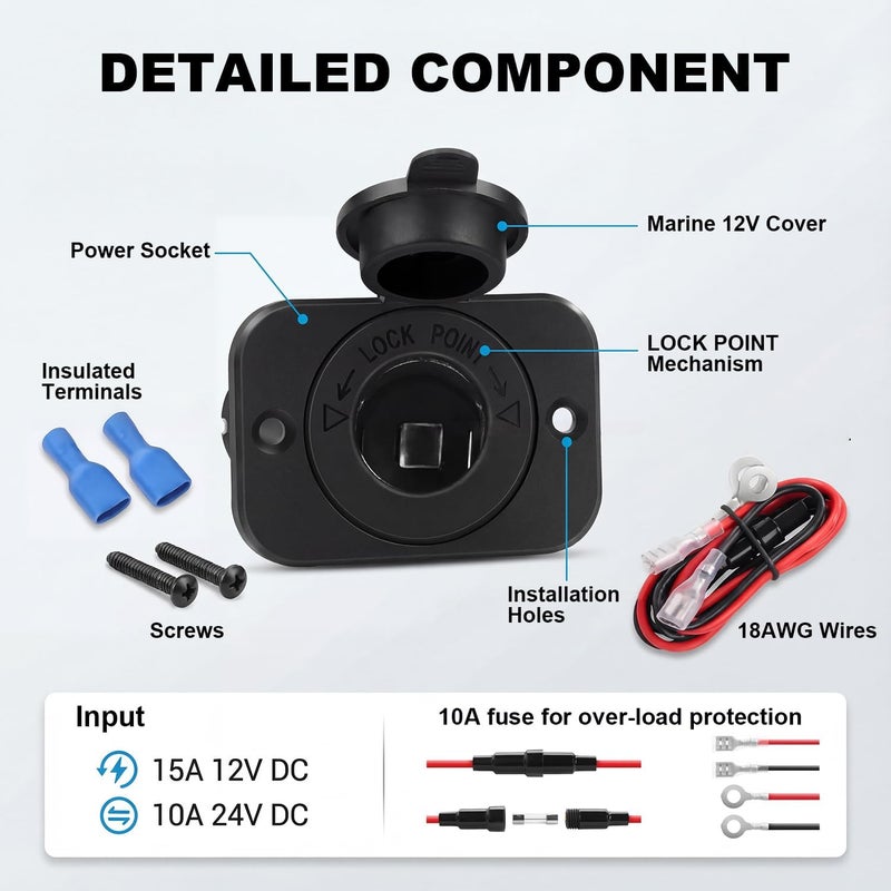 Riseuvo مقبس ولاعة السجائر Riseuvo 3-Pack، مخرج طاقة 12V للسيارة، البحرية، الدراجة النارية، ATV، RV مع مجموعة DIY للأسلاك الفيوز - Image 4