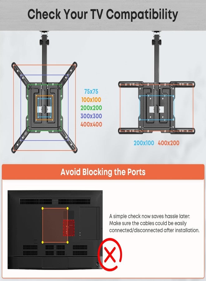 PUTORSEN حامل تلفزيون سقفي من PUTORSEN، مقاس 23-55 بوصة، قابل للطي والدوران، مناسب للأسقف والأرضيات المائلة، يتحمل وزنًا يصل إلى 20 كجم، متوافق مع معيار VESA 400 × 400 مم، لون أسود - Image 2