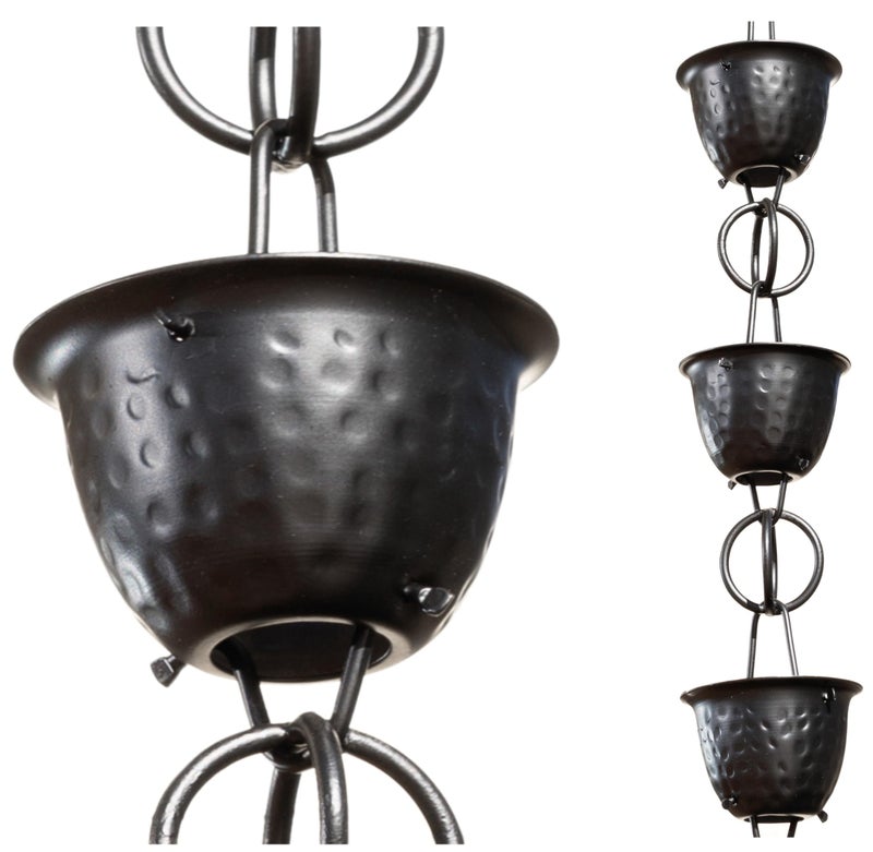 Monarch Rain Chains Aluminum Hammered Cup Rain Chain, 8.5 ft Black Powder Coated Aluminum Decorative Rain Catcher Chain for Gutters, Black Aluminum Rain Gutter Replacement Downspout - Image 1