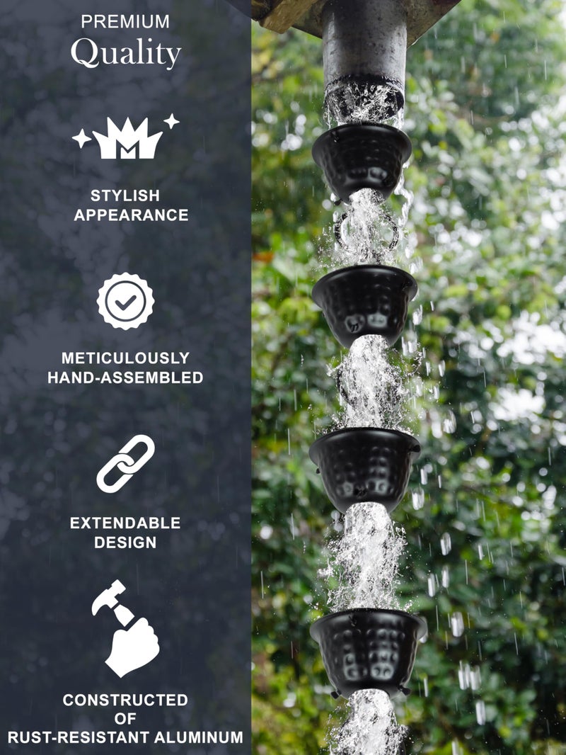 Monarch Rain Chains Aluminum Hammered Cup Rain Chain, 8.5 ft Black Powder Coated Aluminum Decorative Rain Catcher Chain for Gutters, Black Aluminum Rain Gutter Replacement Downspout - Image 4