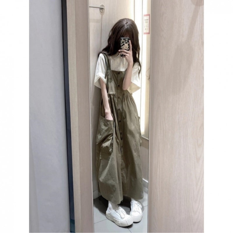 Petite Retro Design Workwear Style Waist-Cinching Suspender Dress For Women + Short-Sleeved Shirt Summer Two-Piece Suit - Image 5