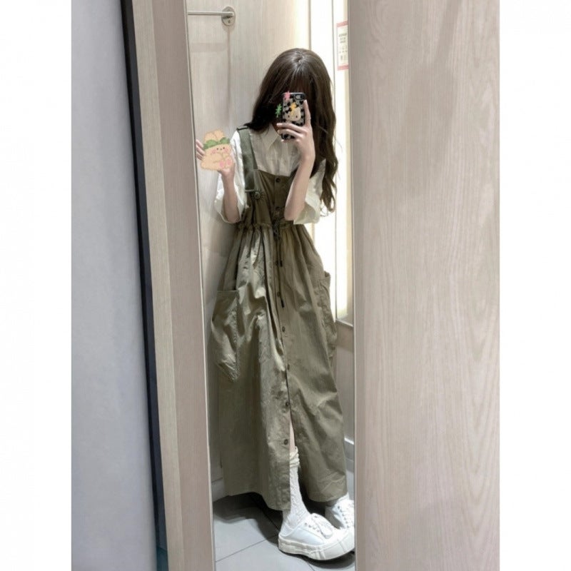 Petite Retro Design Workwear Style Waist-Cinching Suspender Dress For Women + Short-Sleeved Shirt Summer Two-Piece Suit - Image 2