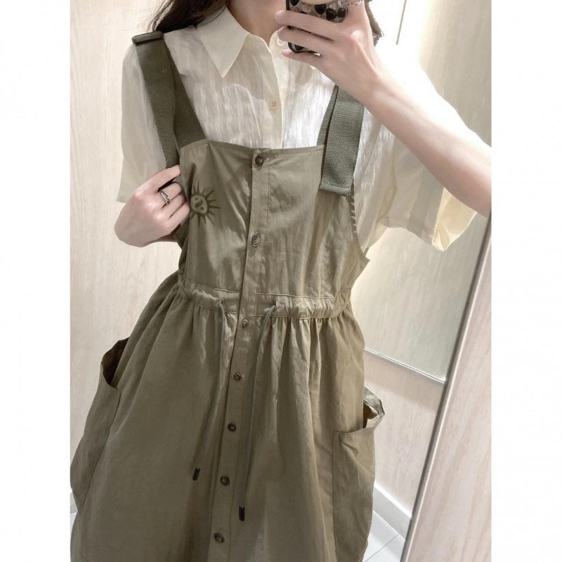 Petite Retro Design Workwear Style Waist-Cinching Suspender Dress For Women + Short-Sleeved Shirt Summer Two-Piece Suit - Image 3