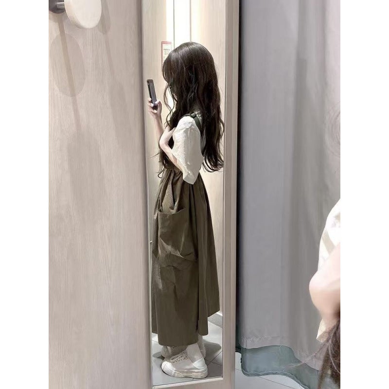 Petite Retro Design Workwear Style Waist-Cinching Suspender Dress For Women + Short-Sleeved Shirt Summer Two-Piece Suit - Image 4