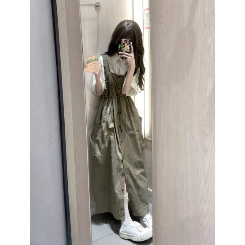 Petite Retro Design Workwear Style Waist-Cinching Suspender Dress For Women + Short-Sleeved Shirt Summer Two-Piece Suit - Image 1