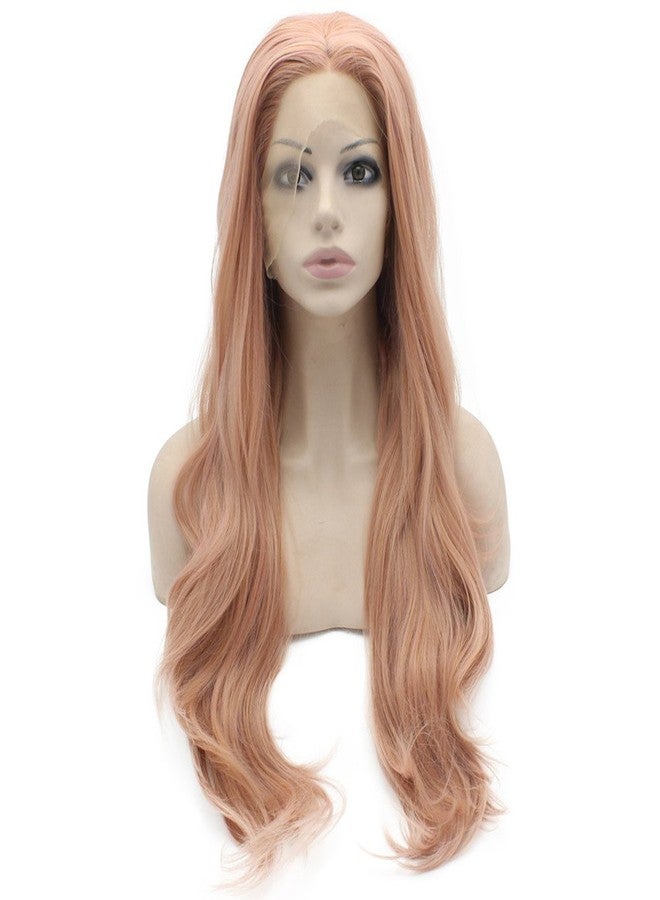 MX angel 24inch Long Loose Wavy Hand Hand Tied Rose Pink Natural Wavy Synthetic Lace Front Wig Natural at Mxangel - Image 1