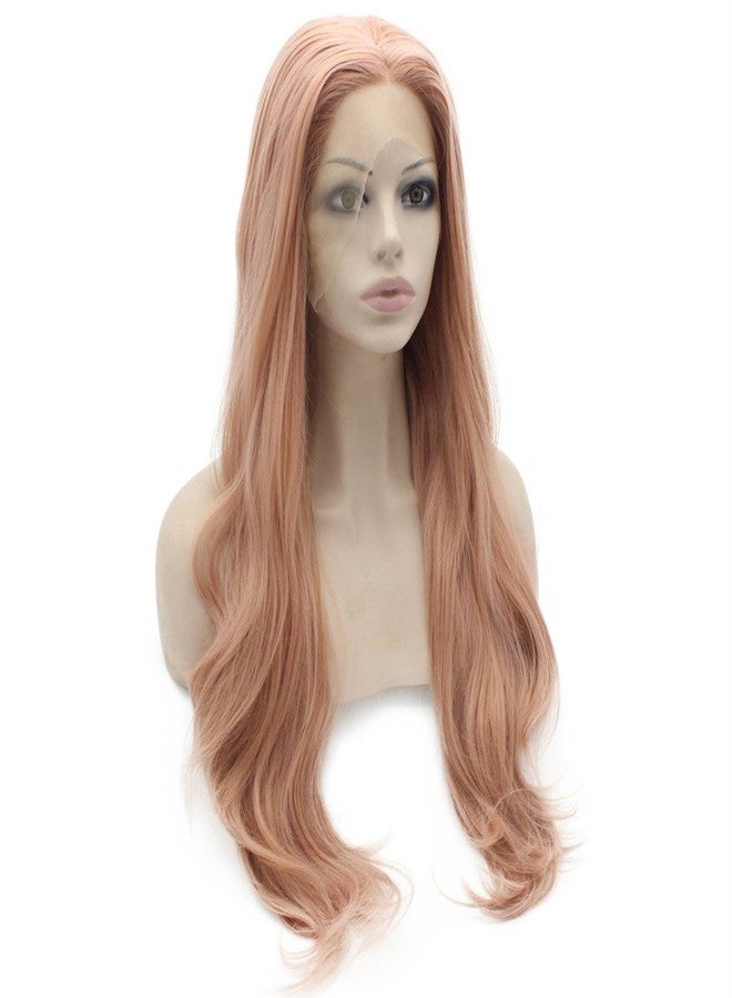 MX angel 24inch Long Loose Wavy Hand Hand Tied Rose Pink Natural Wavy Synthetic Lace Front Wig Natural at Mxangel - Image 2