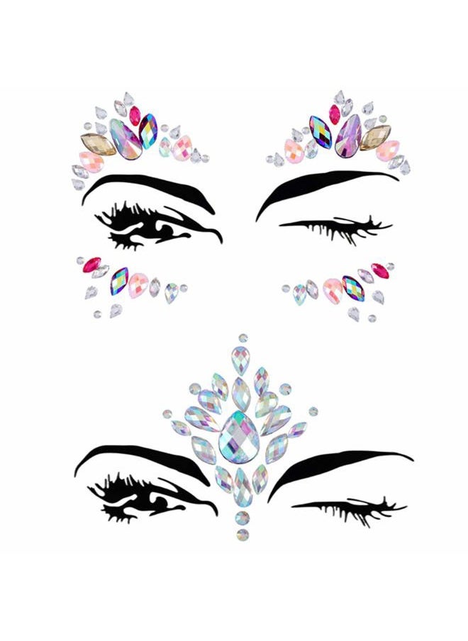 Chicque - Rhinestone Face Jewels Festival Face Gems Glitter Stickers Rave Stick on Halloween Mermaid Face Tattoos Party for Women and Girls 2PCS - Image 1