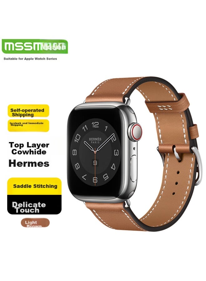 Mssm مناسب لساعة أبل، سوار أبل iwatch طراز Hermes من جلد البقر السويفت الحقيقي، Ultra/S10/9/8/7، بني فاتح، 44/45/46/49mm - Image 1