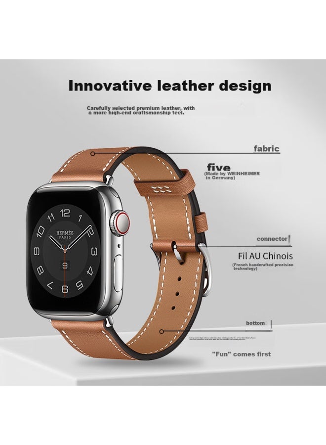 Mssm مناسب لساعة أبل، سوار أبل iwatch طراز Hermes من جلد البقر السويفت الحقيقي، Ultra/S10/9/8/7، بني فاتح، 44/45/46/49mm - Image 2