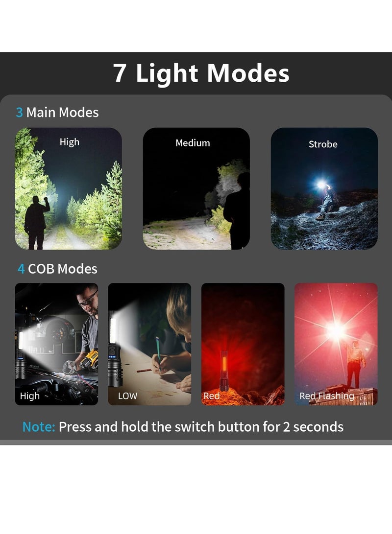 LED Rechargeable Flashlights, 90,000 High Lumens Super Bright Flash Light, 7 Modes with COB Light, IPX6 Waterproof, Adjustable Focus Tactical Flashlights for Home Camping and Emergencies - 2 Pack - Image 3