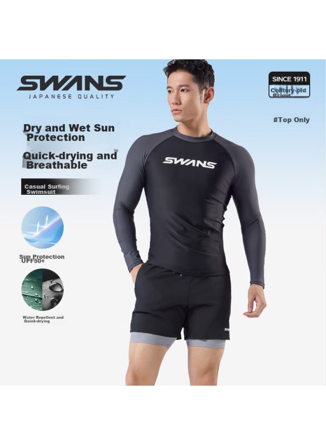 Speed Vision Suanshi Swans Men's Swimwear Top, Long Sleeve, Sun Protection, Quick-drying, Surfing Suit, Diving Professional Men's Swimwear, Black And Gray, 3XL - Image 1