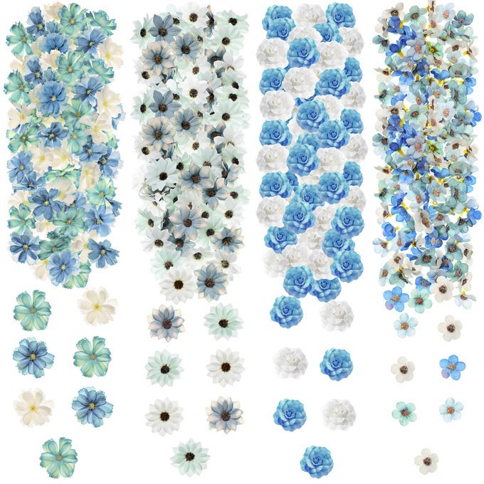 217 PCS MINI FAKE HEADS FLOWERS BULK CRAFT FAKE ROSE DAISY HEADS SMALL SILK ARTIFICIAL FLOWERS FOR CRAFTS FAUX DECORATIONS FLOWER FOR ART CRAFTS WEDDING PARTY24 CMBLUE SERIES