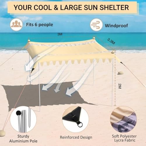 VILLEY Beach Tent Sun Shelter with UPF50+ Protection, 11×10FT Portable Sun Shade with 4 Stability Poles, 8 Ground Pegs, 4 Sandbags and Sand Shovel, Outdoor Beach Canopy for Camping Trips, Picnics - Image 2