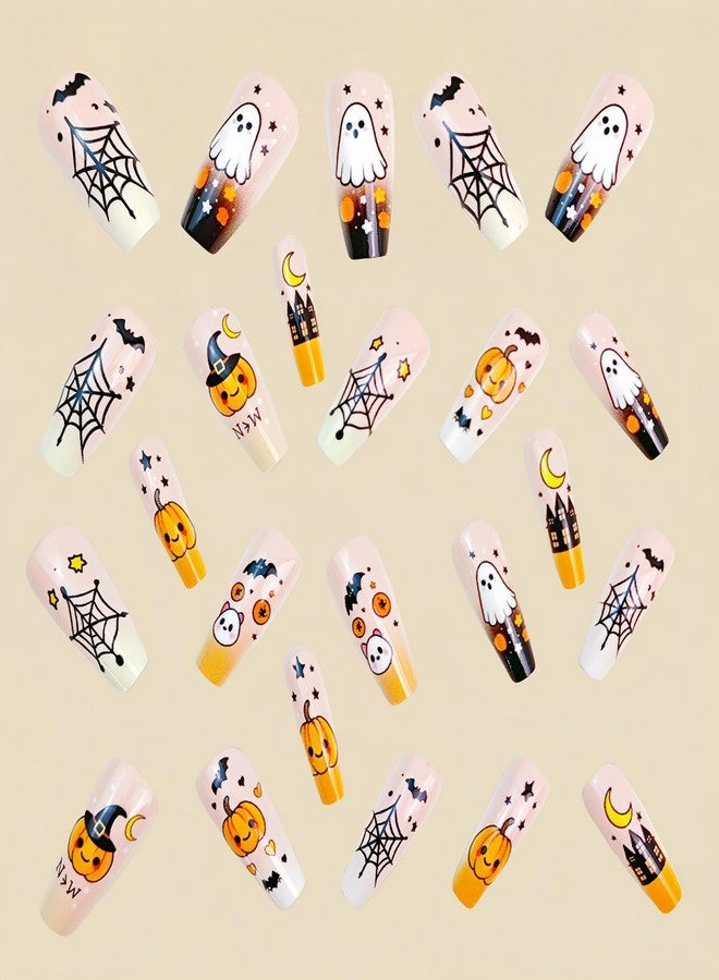 LYLYNB 24Pcs Press on Nails Halloween Fake Nails Happy Pumpkin Ghost Glue on Nails Medium Coffin Acrylic Nails French Tip Nails Press ons Halloween Day Artificial Nails DIY Nail Decorations for Women - Image 4