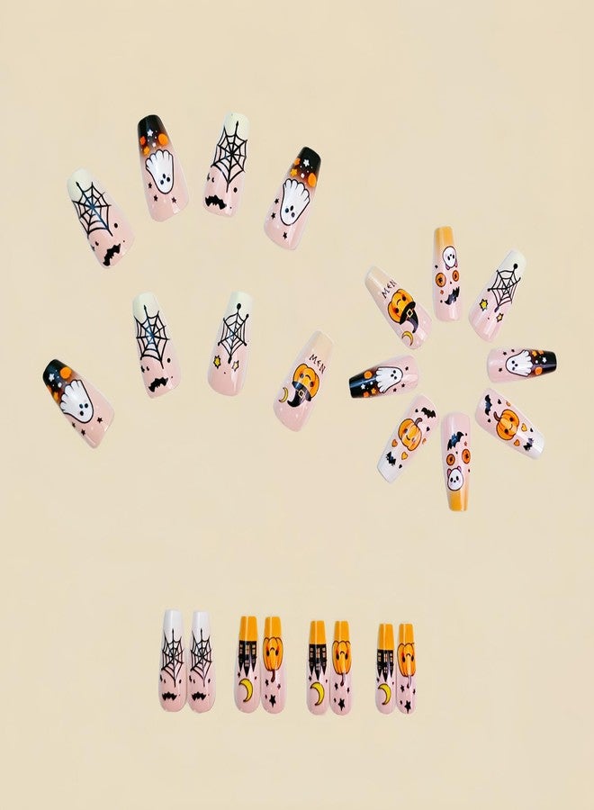 LYLYNB 24Pcs Press on Nails Halloween Fake Nails Happy Pumpkin Ghost Glue on Nails Medium Coffin Acrylic Nails French Tip Nails Press ons Halloween Day Artificial Nails DIY Nail Decorations for Women - Image 2