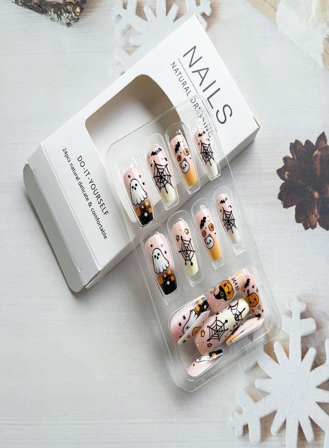 LYLYNB 24Pcs Press on Nails Halloween Fake Nails Happy Pumpkin Ghost Glue on Nails Medium Coffin Acrylic Nails French Tip Nails Press ons Halloween Day Artificial Nails DIY Nail Decorations for Women - Image 5