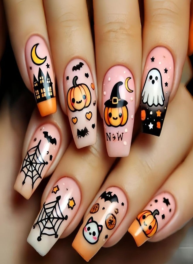 LYLYNB 24Pcs Press on Nails Halloween Fake Nails Happy Pumpkin Ghost Glue on Nails Medium Coffin Acrylic Nails French Tip Nails Press ons Halloween Day Artificial Nails DIY Nail Decorations for Women - Image 1