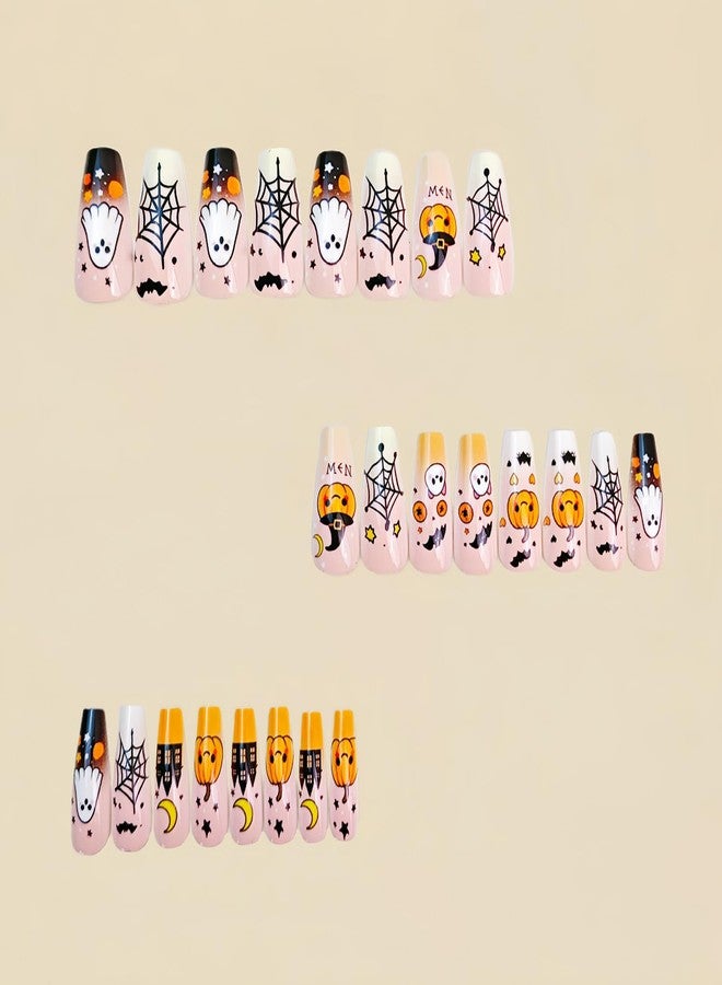 LYLYNB 24Pcs Press on Nails Halloween Fake Nails Happy Pumpkin Ghost Glue on Nails Medium Coffin Acrylic Nails French Tip Nails Press ons Halloween Day Artificial Nails DIY Nail Decorations for Women - Image 3