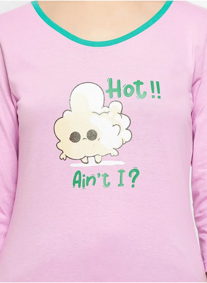 كلوفيا Clovia Graphic & Text Print Top in Lilac & Chic Basic Shorts in Seafoam Green - 100% Cotton