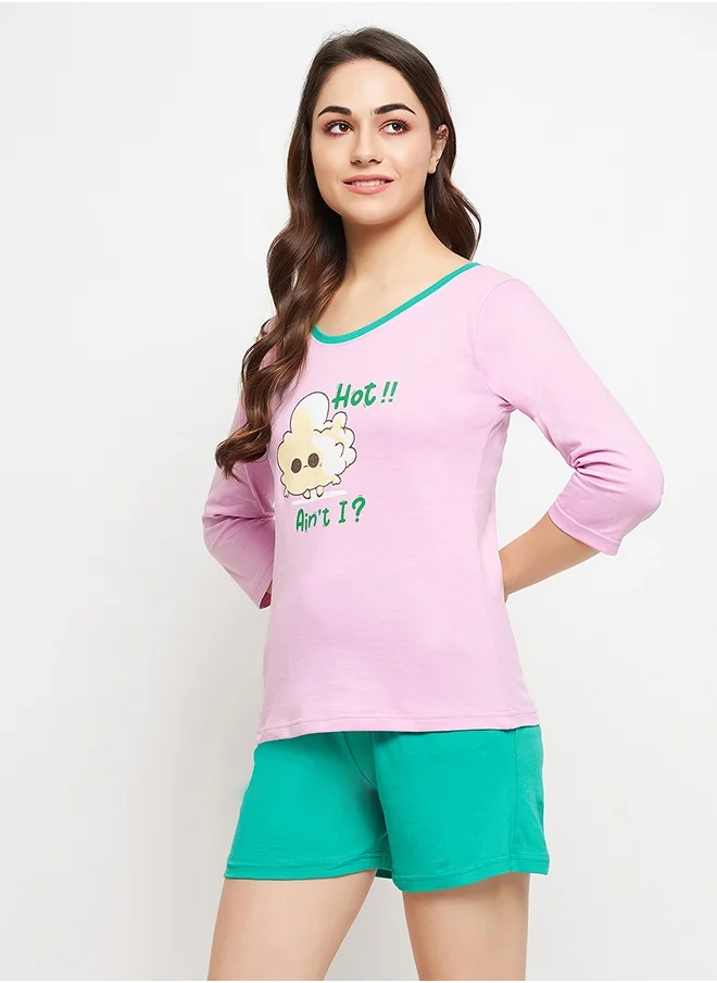 كلوفيا Clovia Graphic & Text Print Top in Lilac & Chic Basic Shorts in Seafoam Green - 100% Cotton