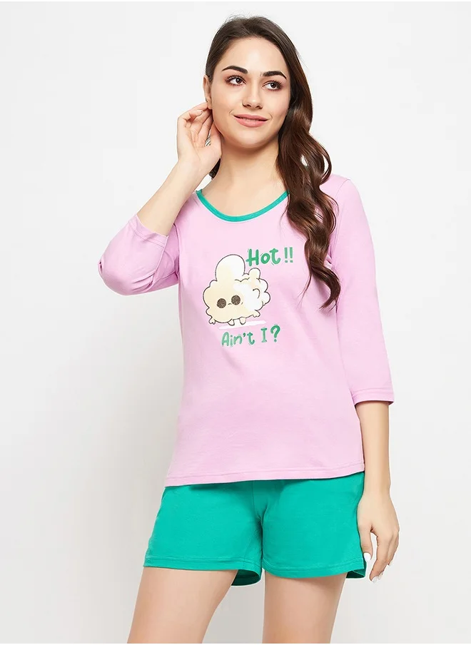 كلوفيا Clovia Graphic & Text Print Top in Lilac & Chic Basic Shorts in Seafoam Green - 100% Cotton