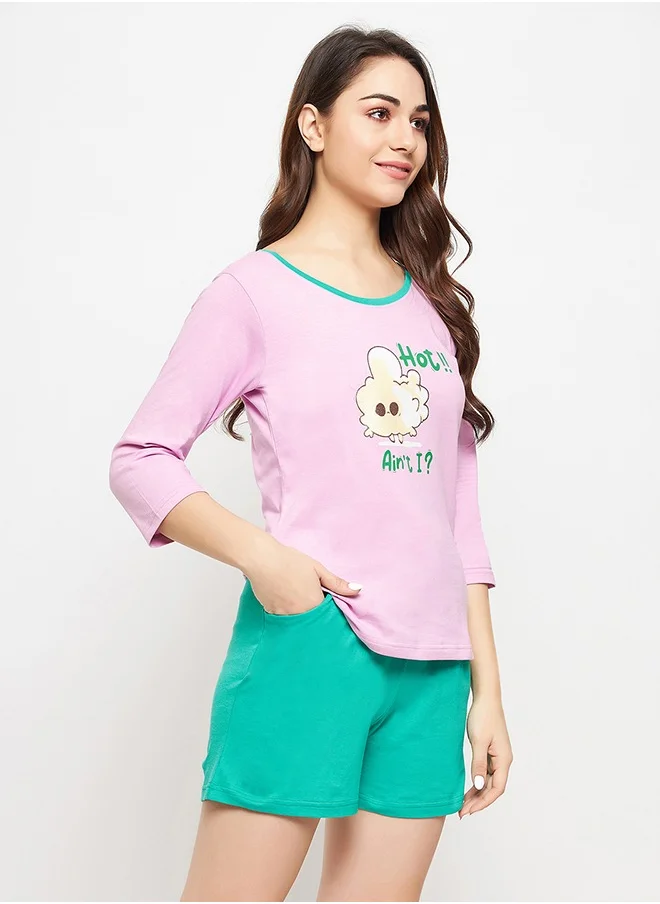 كلوفيا Clovia Graphic & Text Print Top in Lilac & Chic Basic Shorts in Seafoam Green - 100% Cotton