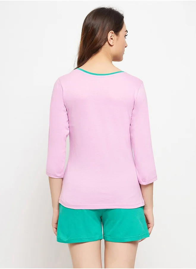 كلوفيا Clovia Graphic & Text Print Top in Lilac & Chic Basic Shorts in Seafoam Green - 100% Cotton