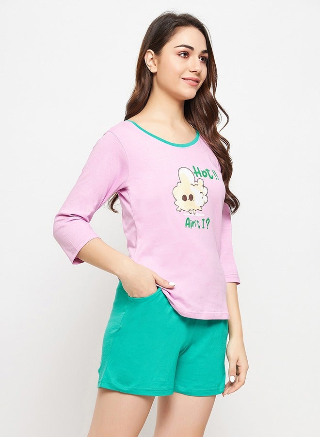 Clovia Graphic & Text Print Top in Lilac & Chic Basic Shorts in Seafoam Green - 100% Cotton - Image 5