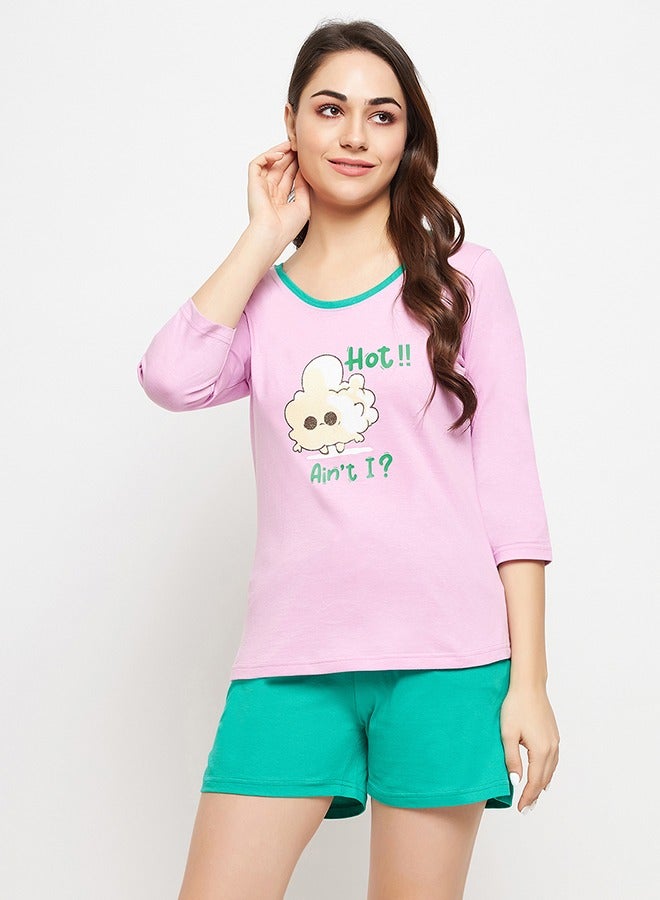 Clovia Graphic & Text Print Top in Lilac & Chic Basic Shorts in Seafoam Green - 100% Cotton - Image 3