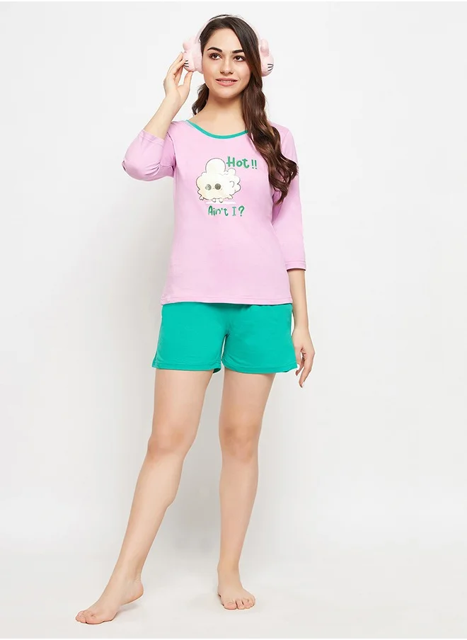 كلوفيا Clovia Graphic & Text Print Top in Lilac & Chic Basic Shorts in Seafoam Green - 100% Cotton