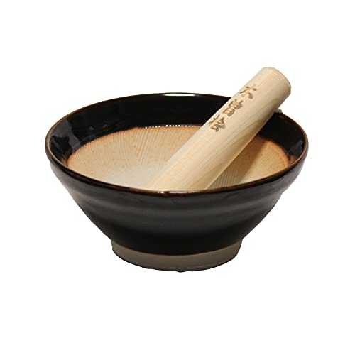 Mino Ware Made in Japan Ripple Ridge Mortar and Pestle Suribachi and Surikogi Set Small 5.91 Inches for Both Right and Left Handed Black Authentic Mino Ware Pottery K81714 - Image 1