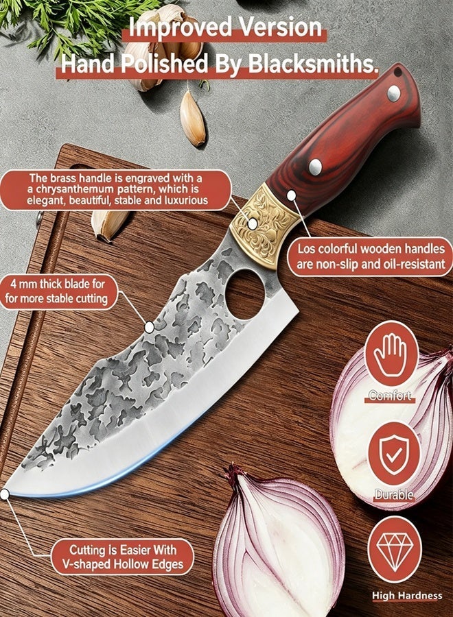 Saiboro Kitchen Knife Chef's Knife Viking Knife,Hand-forged Butcher Knife,with Sheath,Solid Wood Handle,Engraved Brass Ferrule,5Cr13 High-carbon Steel,for Kitchen,Outdoor,Camping,Barbecue, Restaurant - Image 3