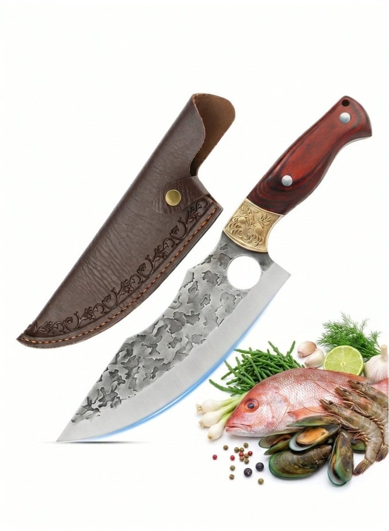 Saiboro Kitchen Knife Chef's Knife Viking Knife,Hand-forged Butcher Knife,with Sheath,Solid Wood Handle,Engraved Brass Ferrule,5Cr13 High-carbon Steel,for Kitchen,Outdoor,Camping,Barbecue, Restaurant - Image 1