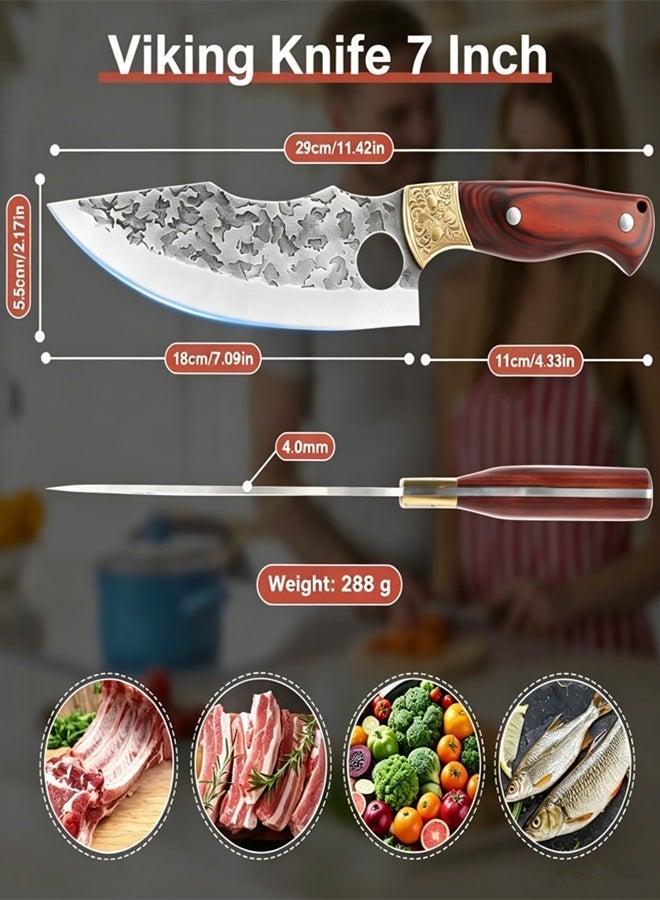 Saiboro Kitchen Knife Chef's Knife Viking Knife,Hand-forged Butcher Knife,with Sheath,Solid Wood Handle,Engraved Brass Ferrule,5Cr13 High-carbon Steel,for Kitchen,Outdoor,Camping,Barbecue, Restaurant - Image 2