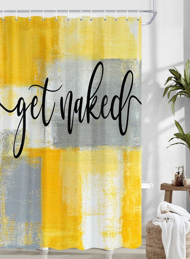 Wathon Yellow Ombre Fabric Shower Curtain Funny Black Art Get Naked on Abstract Paint Brush Graffiti Design Bath Curtain, Modern Chic Mustard Yellow Grey Bathroom Shower Curtain Set with Hooks 72X72IN - Image 2