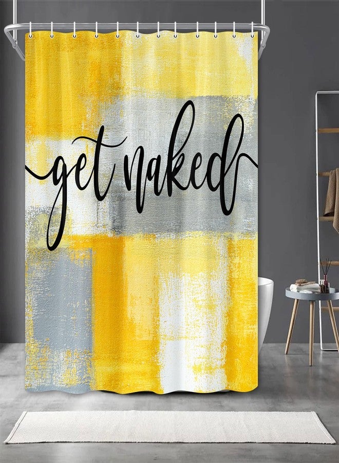 Wathon Yellow Ombre Fabric Shower Curtain Funny Black Art Get Naked on Abstract Paint Brush Graffiti Design Bath Curtain, Modern Chic Mustard Yellow Grey Bathroom Shower Curtain Set with Hooks 72X72IN - Image 1