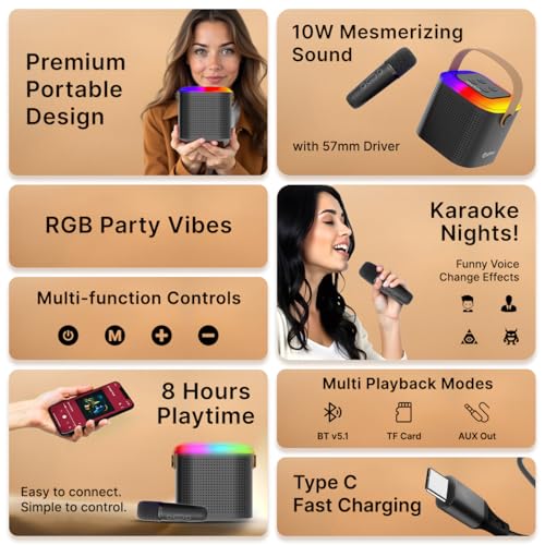 pTron Newly Launched Fusion Tunes 10W Mini Bluetooth Speaker with Wireless Karaoke Mic, 8Hrs Playtime, Vivid RGB Lights, Voice Effects, Multi-Play Modes BT5.1/TF Card & Type-C Charging Port (Black) - Image 2