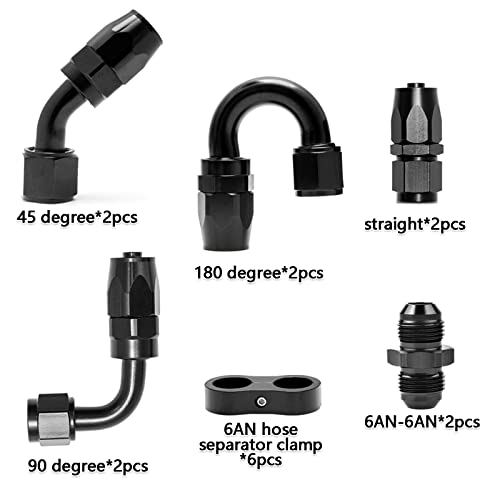 LEDAUT 6AN Swivel Fuel Hose End Fitting Kit - Straight, 45, 90, 180 Fittings & Hose Separator Clamps - Aluminum, Black - Image 4
