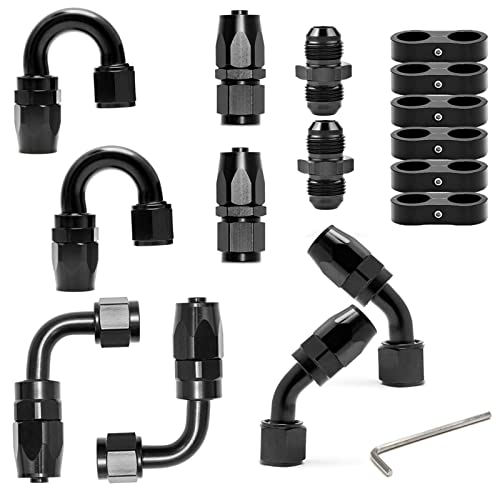 LEDAUT 6AN Swivel Fuel Hose End Fitting Kit - Straight, 45, 90, 180 Fittings & Hose Separator Clamps - Aluminum, Black - Image 1