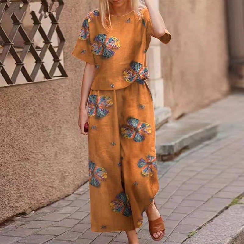 Cross-border New Womens Clothing Amazon TEMU Printed Cotton and Linen Position Flower Short-sleeved Casual Ankle-length Pants suit Add color - Image 5