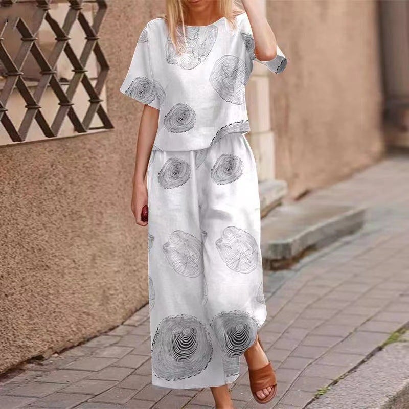 Cross-border New Womens Clothing Amazon TEMU Printed Cotton and Linen Position Flower Short-sleeved Casual Ankle-length Pants suit Add color - Image 2