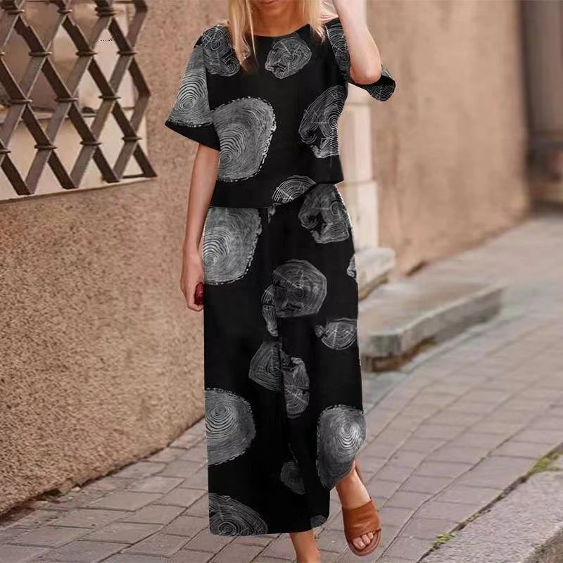 Cross-border New Womens Clothing Amazon TEMU Printed Cotton and Linen Position Flower Short-sleeved Casual Ankle-length Pants suit Add color - Image 1