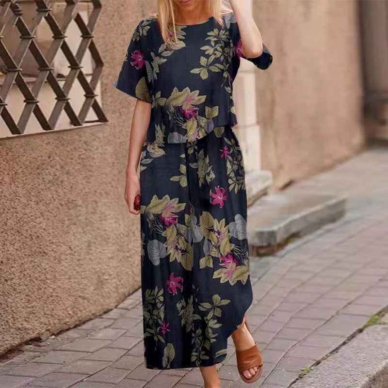 Cross-border New Womens Clothing Amazon TEMU Printed Cotton and Linen Position Flower Short-sleeved Casual Ankle-length Pants suit Add color - Image 4
