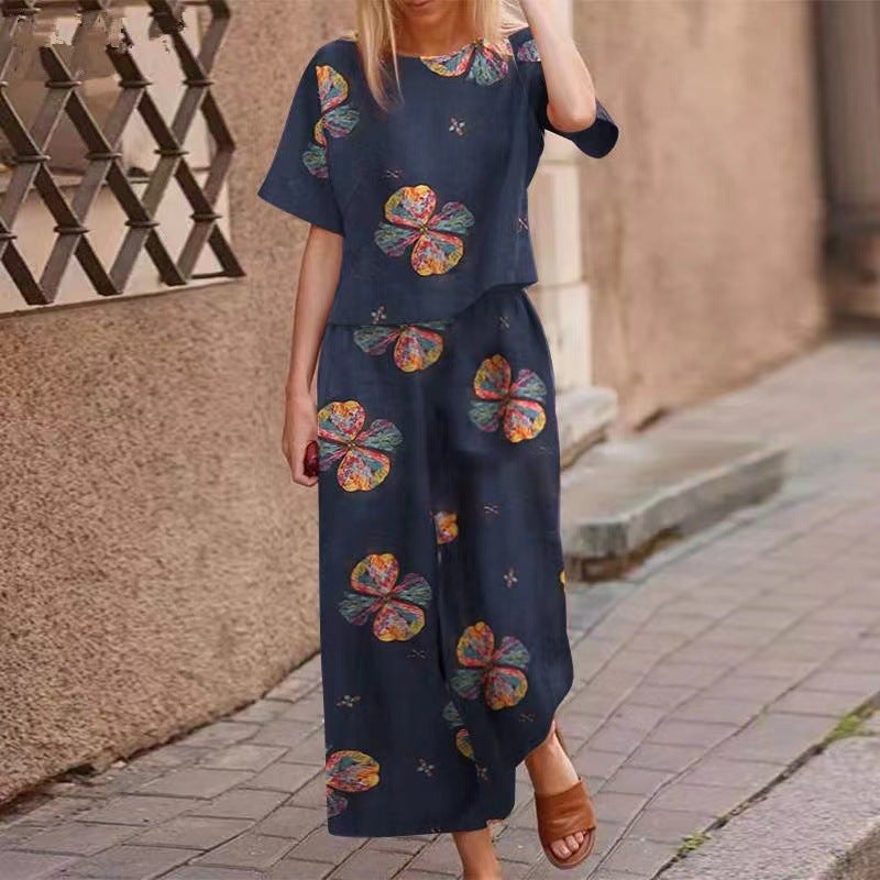 Cross-border New Womens Clothing Amazon TEMU Printed Cotton and Linen Position Flower Short-sleeved Casual Ankle-length Pants suit Add color - Image 3