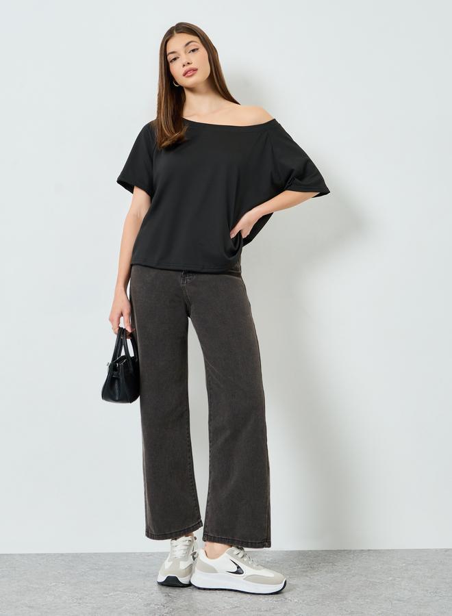 Styli Black One-Shoulder Oversized T-Shirt - Image 2