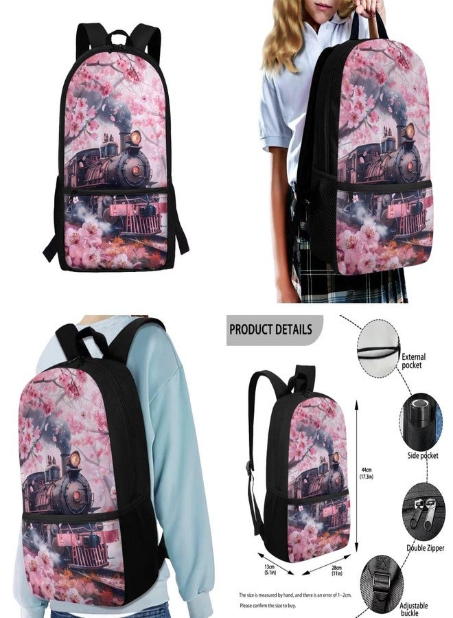 Gomyblomy Backpack for School Girls Bookbag with Lunch Box 4-In-1 Set Kawaii Kids School Bag for Elementary Kindergarten, Steam Train Cherry Blossom, 11 x 5.1 x 17.3 inches, Classic - Image 2