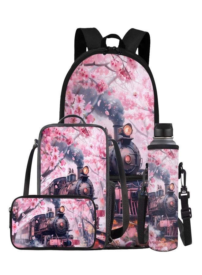 Gomyblomy Backpack for School Girls Bookbag with Lunch Box 4-In-1 Set Kawaii Kids School Bag for Elementary Kindergarten, Steam Train Cherry Blossom, 11 x 5.1 x 17.3 inches, Classic - Image 1