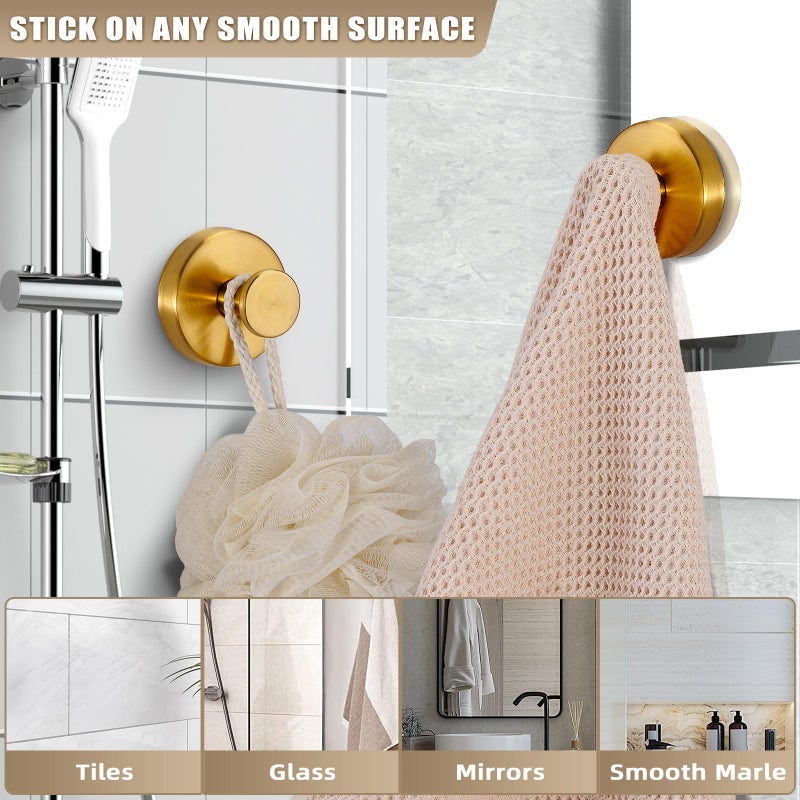 Fenas Suction Cup Hooks for Shower No-Drill Bathroom Hooks for Towels, Robes, Loofah Mountable on Bathroom Walls, Kitchen, Glass, Mirrors, Tile and Smooth,Non-Porous Surfaces (4, Brushed Gold) - Image 2
