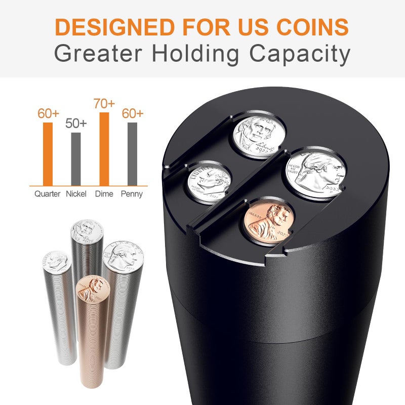 Zeyitian Coin Holder for Car, 250-Coin Capacity Change Coin Holder, Coin Organizer for Most Car, Dispenses Pennies, Quarters, Dimes, Nickels (Black, 1Pack) - Image 2